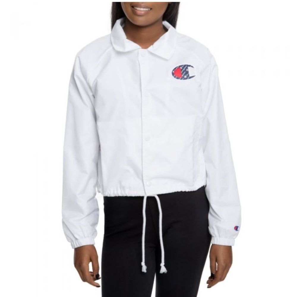 Champion Size Small Cropped Coaches Jacket Windbreakereaker White with Logo